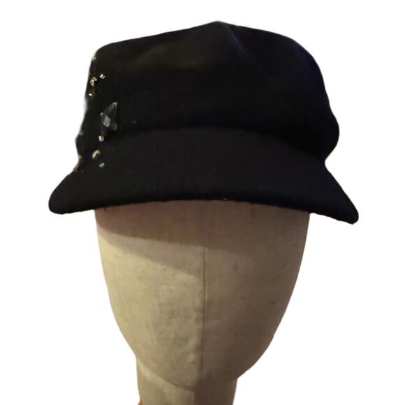 VTG 90s Y2K Scala Pronto BLK Wool Jeweled Newsboy Cap Euroglam Goth Boho OS - Picture 3 of 7